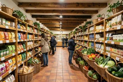 Vue intérieure d'un magasin bio en Loire-Atlantique avec des rayons en bois remplis de produits biologiques et des légumes frais en paniers