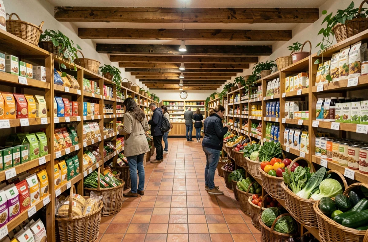 Vue intérieure d'un magasin bio en Loire-Atlantique avec des rayons en bois remplis de produits biologiques et des légumes frais en paniers