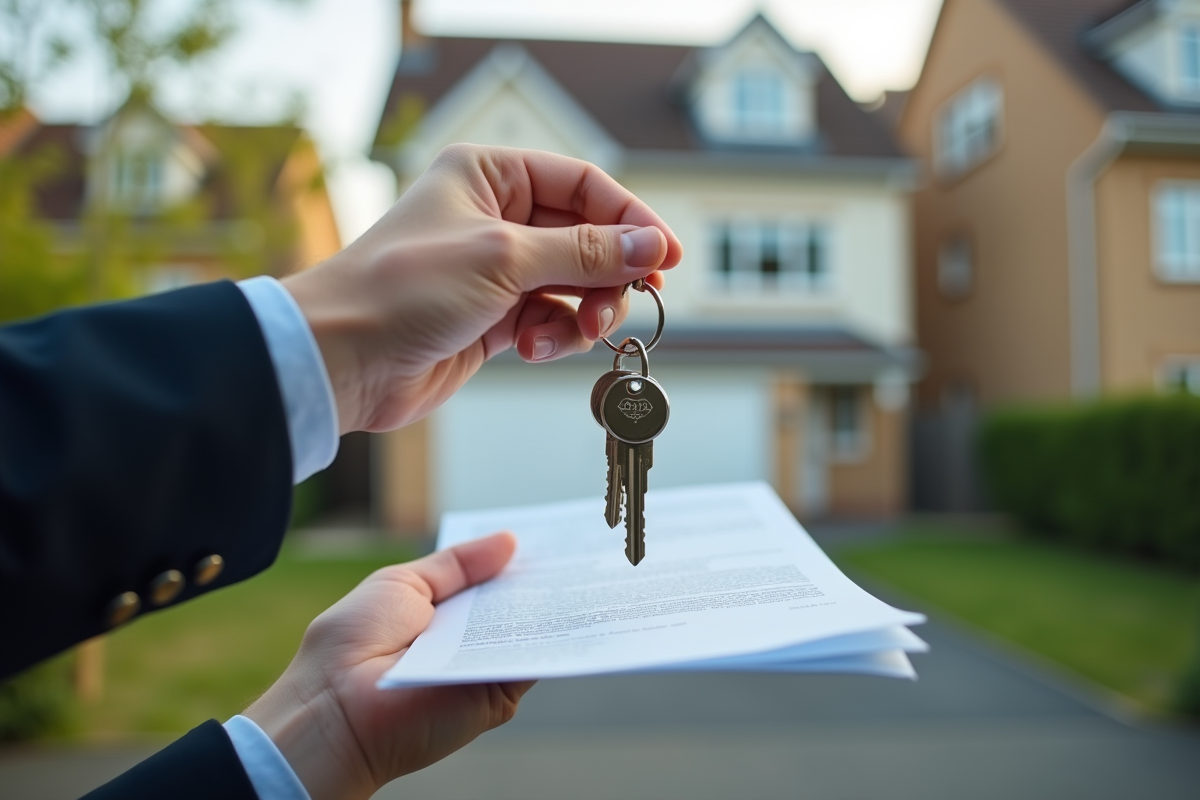 Mains tenant des clés et un document devant une maison