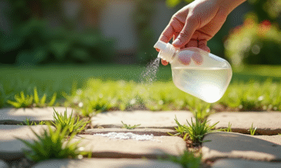 Main saupoudrant bicarbonate et versant vinaigre sur mauvaises herbes
