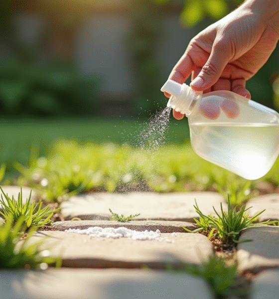 Main saupoudrant bicarbonate et versant vinaigre sur mauvaises herbes