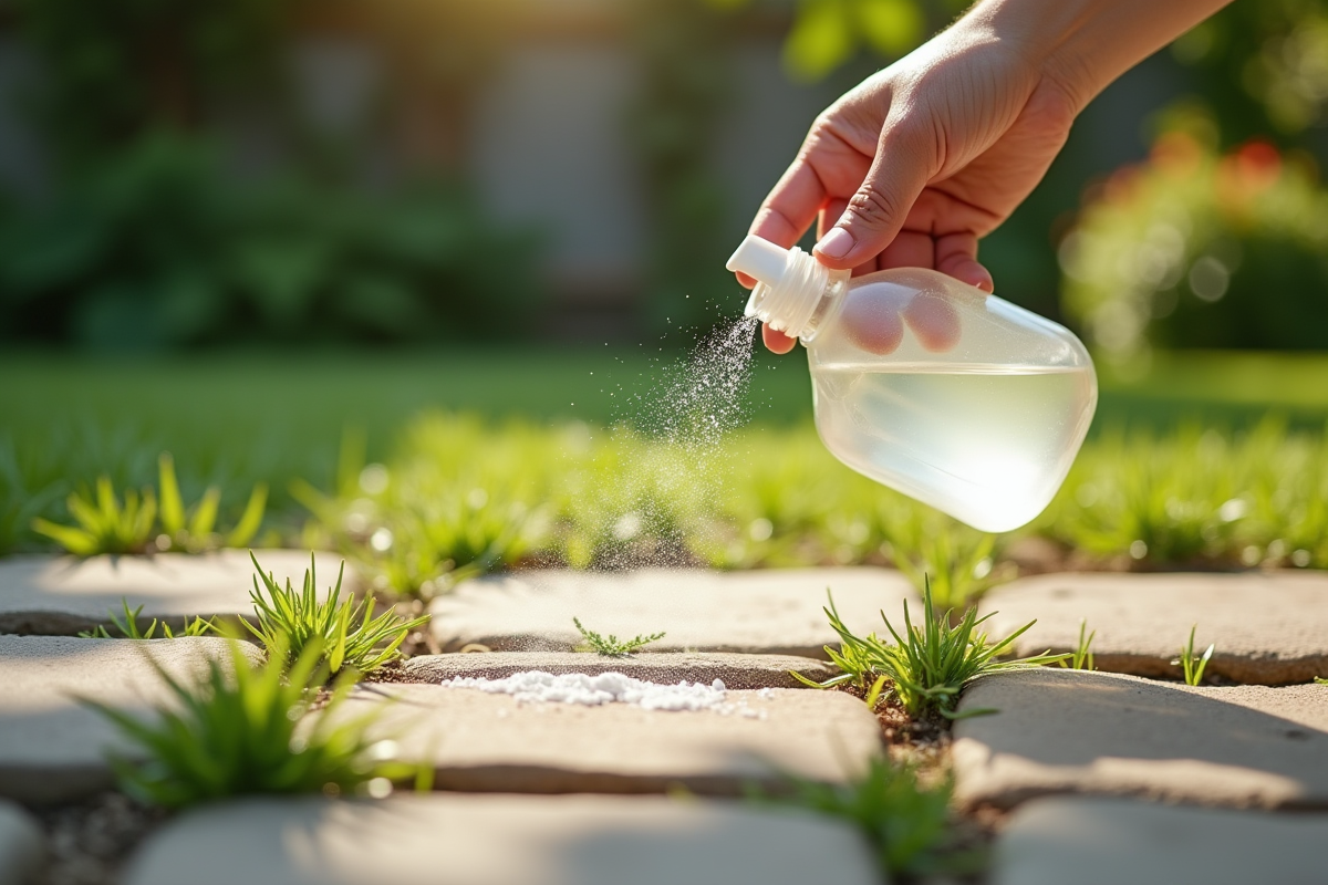 Main saupoudrant bicarbonate et versant vinaigre sur mauvaises herbes