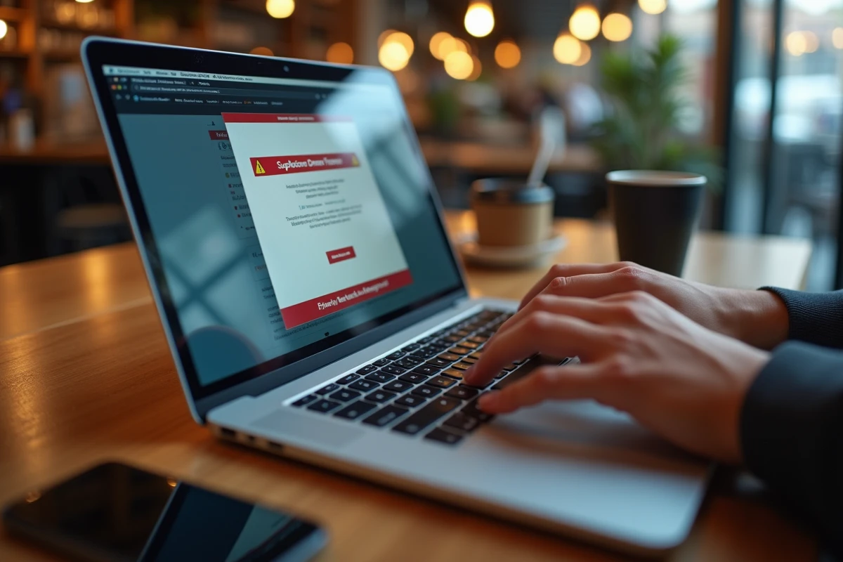 Gros plan de mains hésitant avant de télécharger un fichier sur un site suspect avec avertissement de sécurité