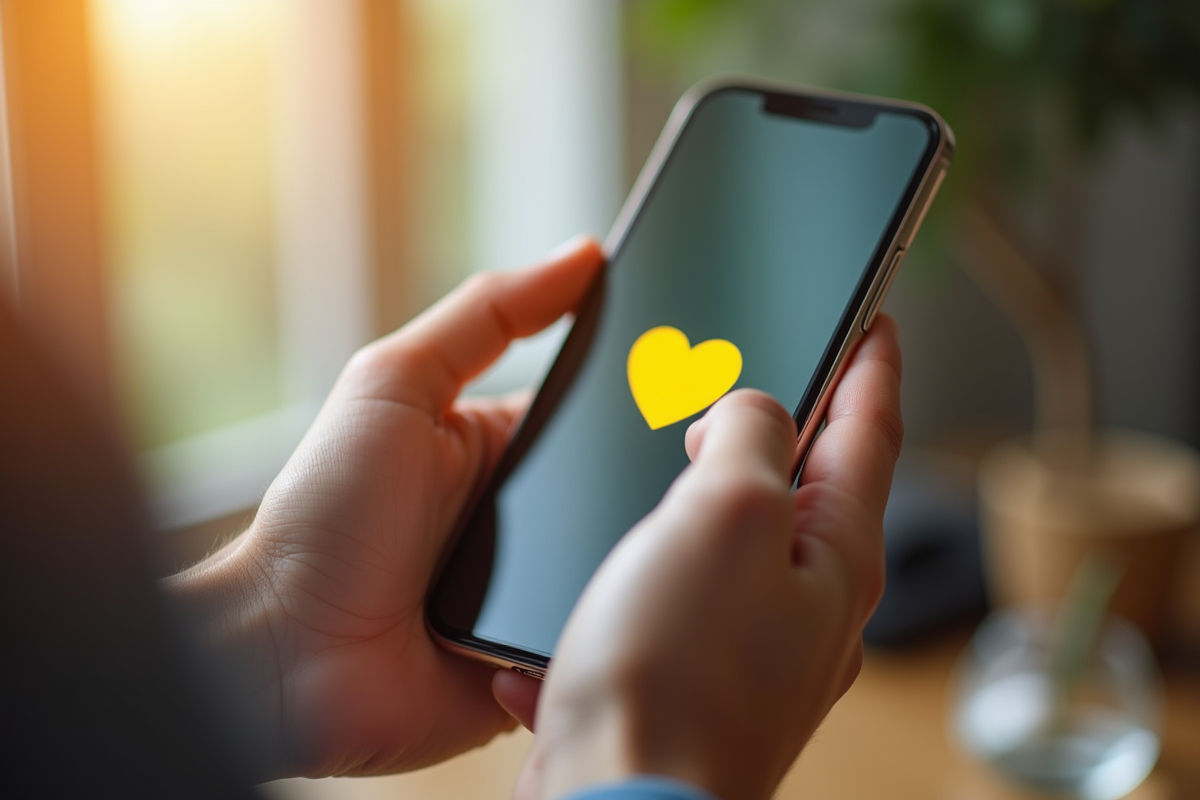 Mains tenant un smartphone avec emoji cœur jaune en matinée