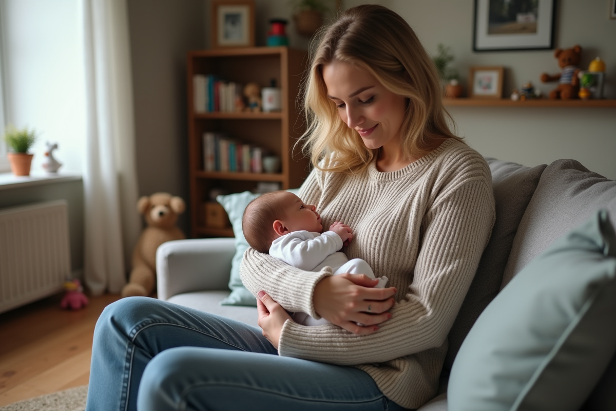 Maman et bébé dans un salon chaleureux et moderne