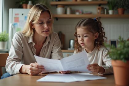 Femme et fille lisant des documents dans la cuisine
