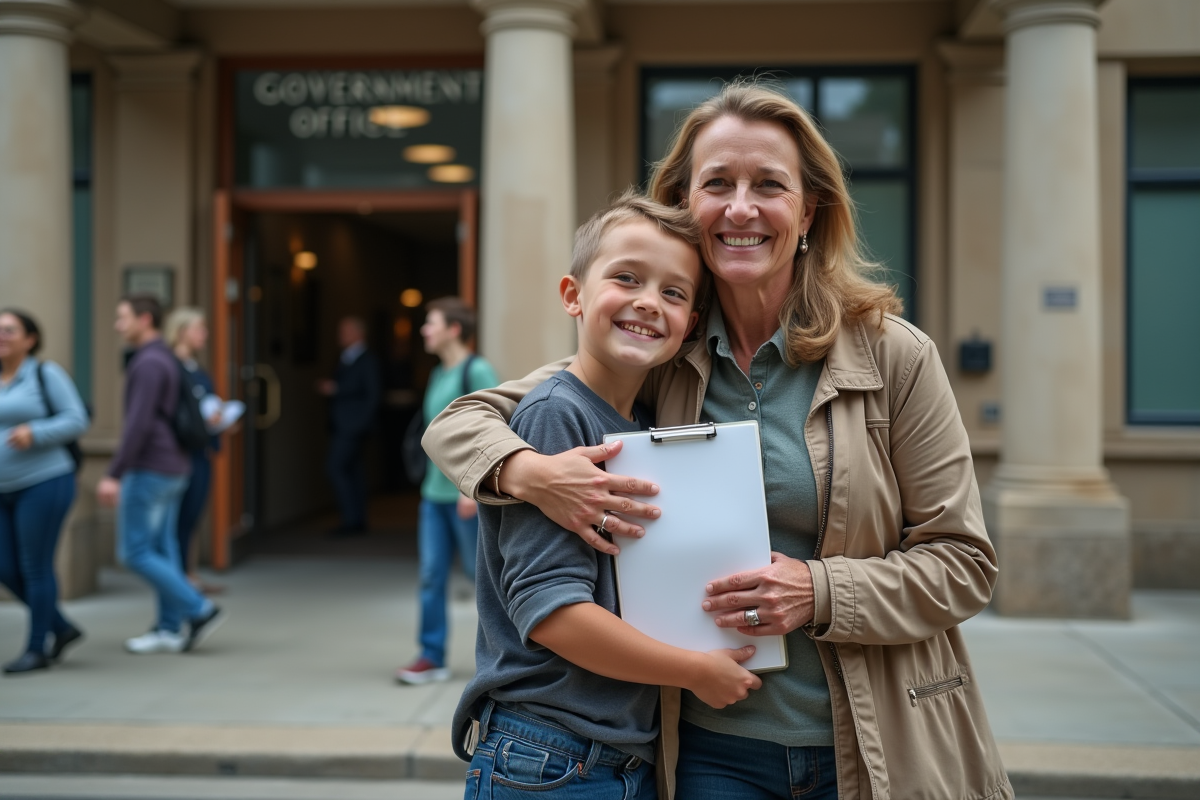 Maman seule avec son fils devant la mairie