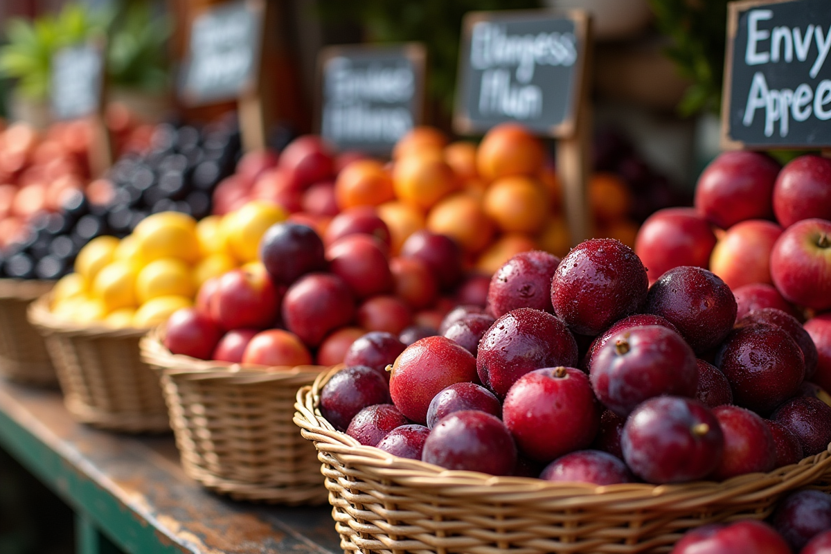 Marché avec paniers de mûres elderberries et pommes en matinée