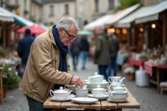 Homme âgé regardant des assiettes en porcelaine dans un marché en Morbihan