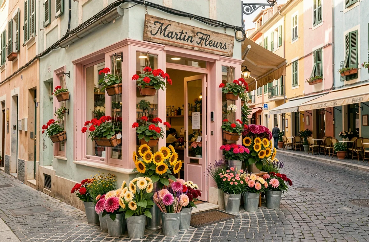 Devanture de Martin Fleurs à Nice avec des tournesols, dahlias et bouquets exposés en zinc sur le trottoir d'une rue provençale pittoresque