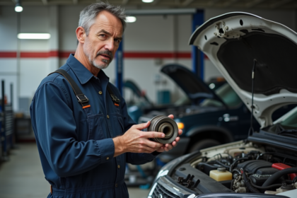 Mécanicien en overalls expliquant une pièce moteur