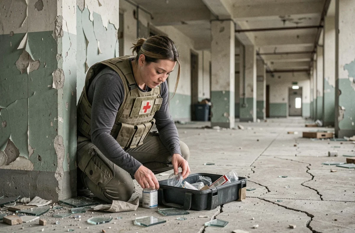 Médecin ARC Raiders en tenue tactique triant un kit médical de récupération dans un bâtiment industriel délabré