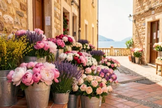 Vue d'ensemble d'un marché floral typique des Alpes-Maritimes avec des bouquets colorés de pivoines, lavande et roses exposés sur une rue provençale ensoleillée