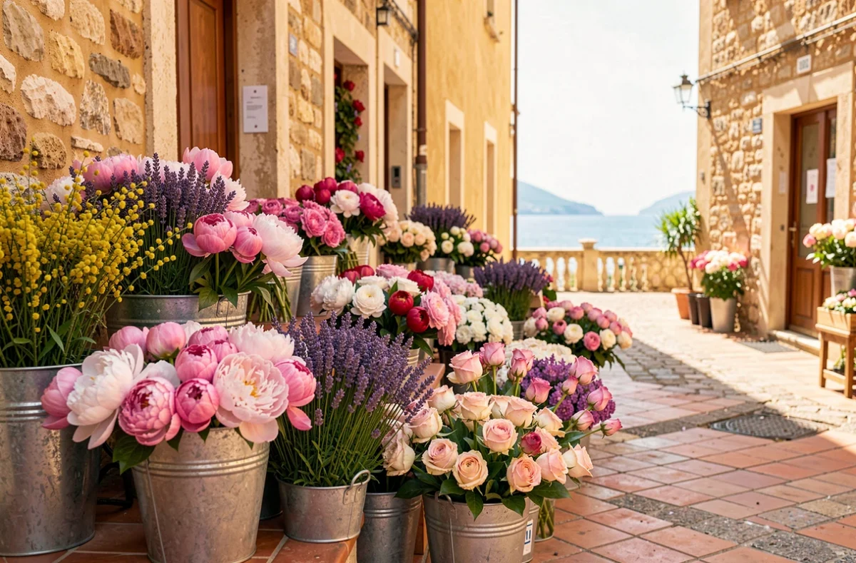Vue d'ensemble d'un marché floral typique des Alpes-Maritimes avec des bouquets colorés de pivoines, lavande et roses exposés sur une rue provençale ensoleillée