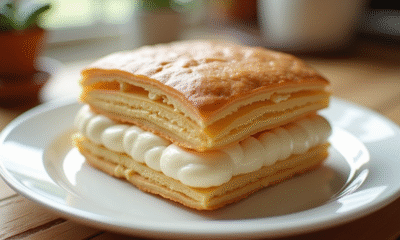 Millefeuille crème vanille sur assiette blanche