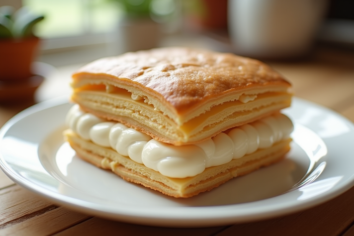 Millefeuille crème vanille sur assiette blanche