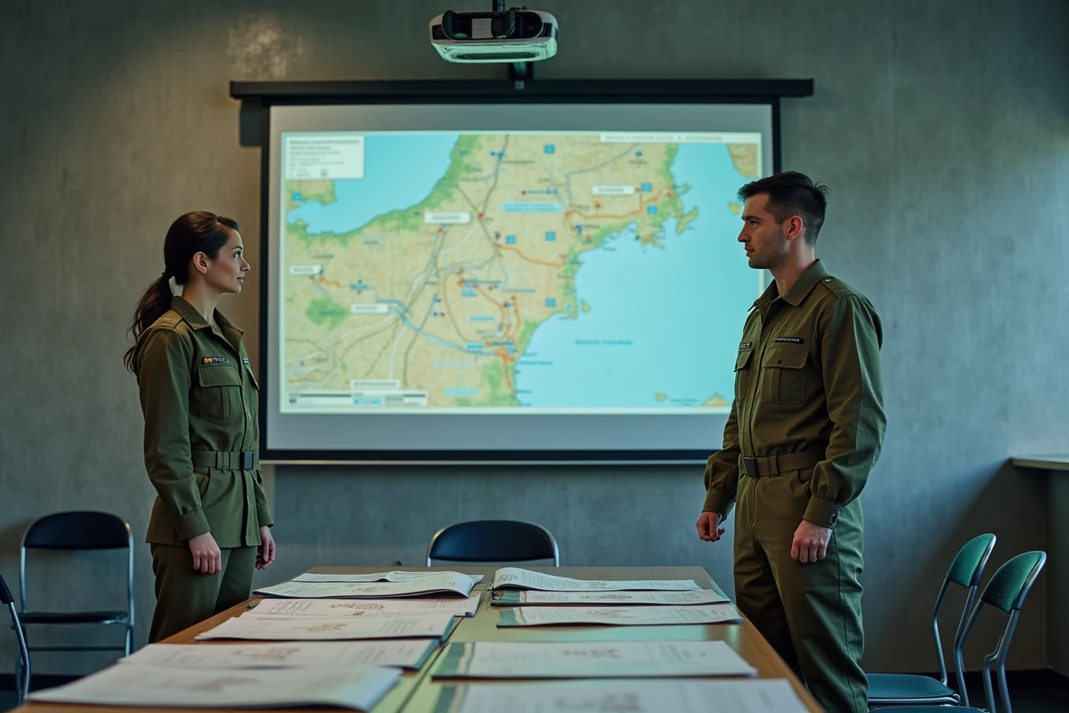 Deux officiers de l'armée de l'air en séance de briefing opérationnel devant une carte tactique de théâtre d'engagement