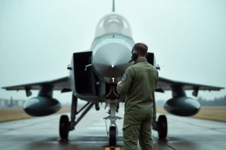 Technicien de l'armée de l'air française effectuant une inspection pré-vol sur un Mirage 2000 sur le tarmac d'une base militaire