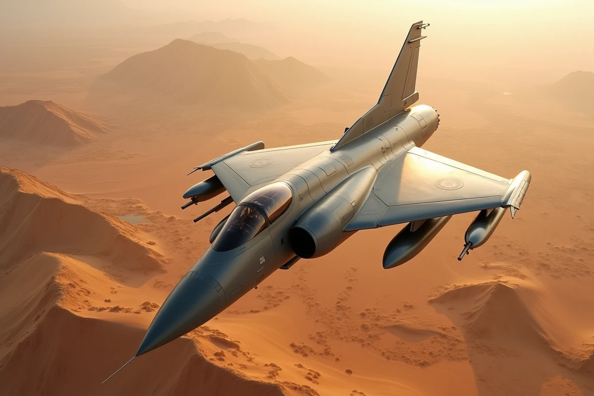 Mirage 2000 en vol à basse altitude au-dessus d'un terrain aride lors d'une mission opérationnelle sur théâtre d'engagement