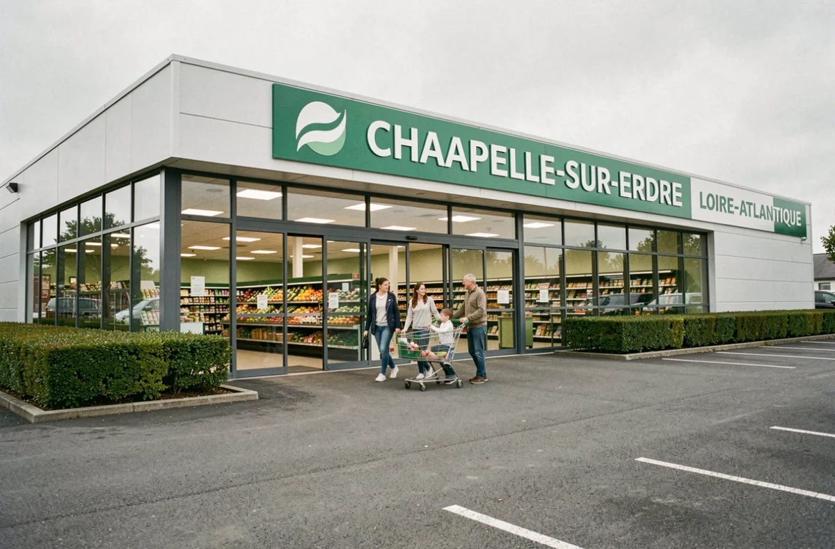Vue extérieure du supermarché bio grand format Natureo à La Chapelle-sur-Erdre avec une famille entrant dans le magasin