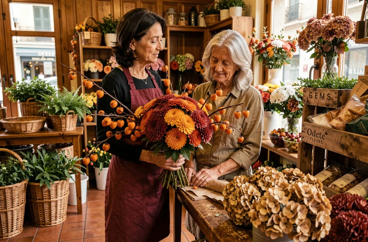 Fleuriste d'Odete Fleurs à Nice composant un bouquet automnal de chrysanthèmes et branches de kaki dans une boutique au décor rustique chaleureux