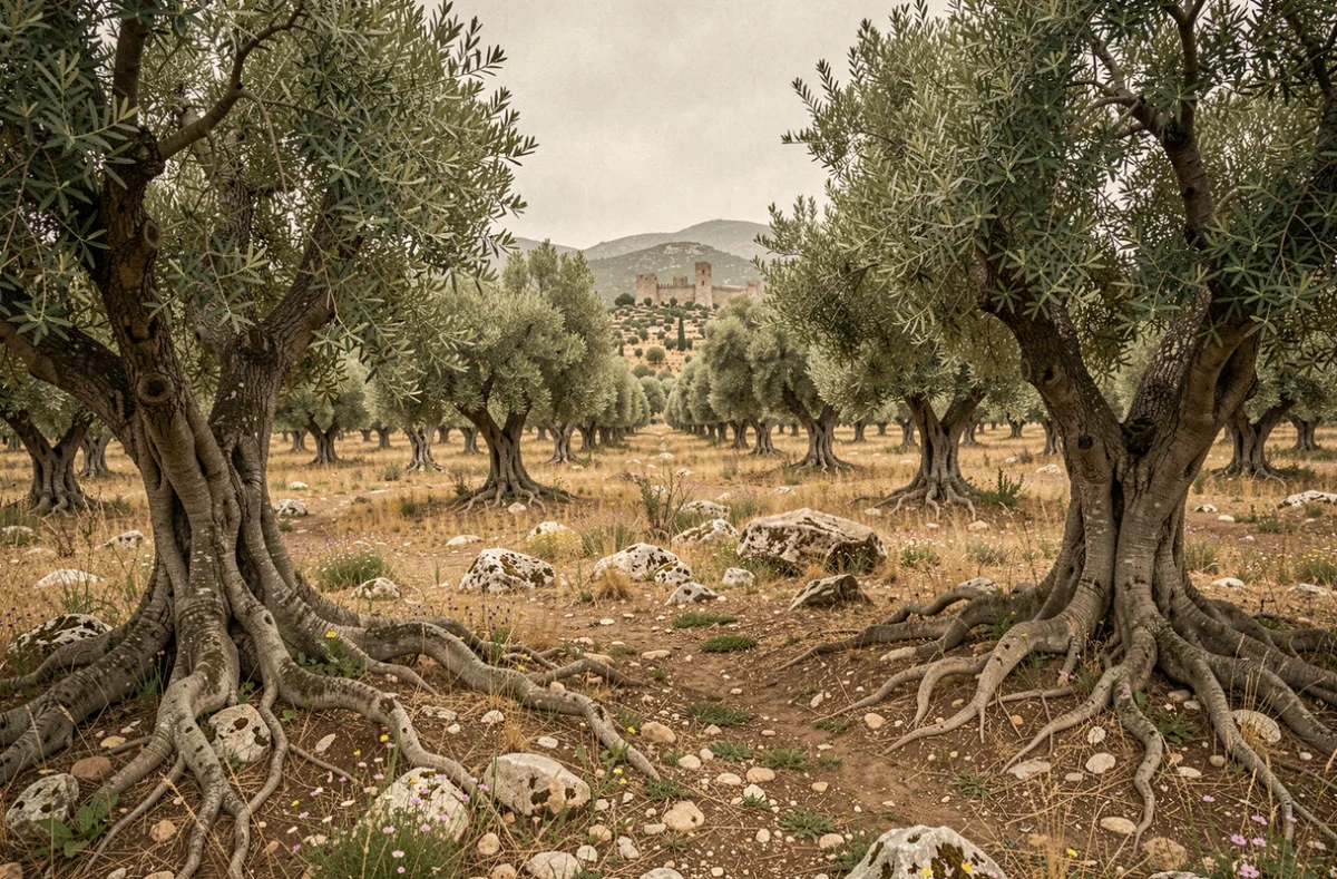 Oliveraie méditerranéenne ancienne avec racines noueuses et sol rocheux évoquant Gaïa déesse primordiale de la terre dans la mythologie grecque