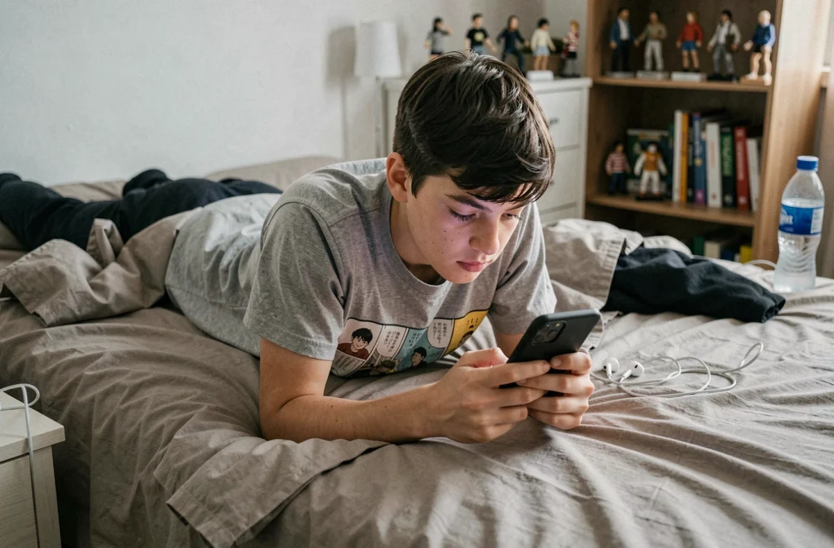 Adolescent lisant le dernier chapitre de One Piece sur smartphone allongé sur son lit