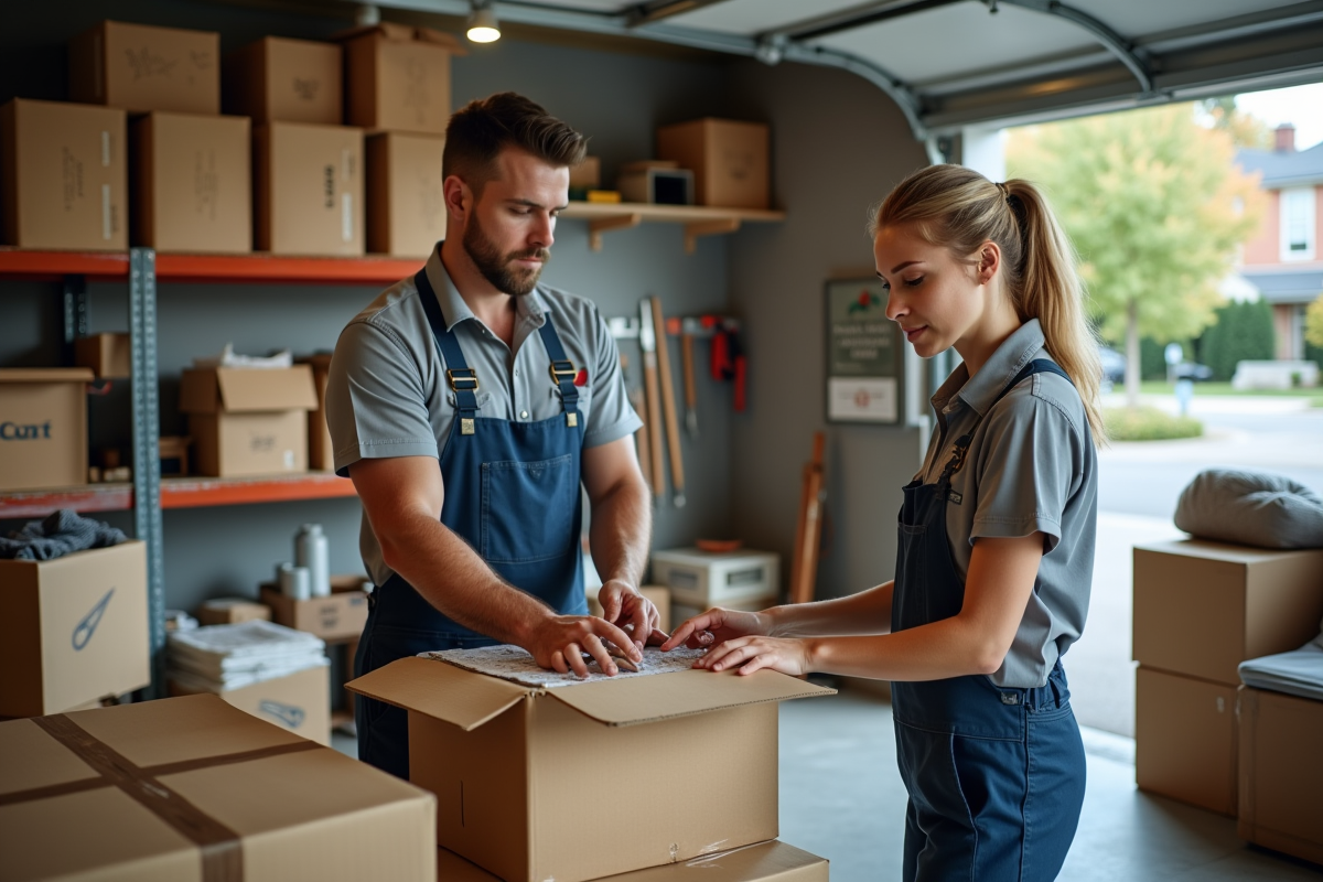 Deux ouvriers triant des objets dans un garage lumineux