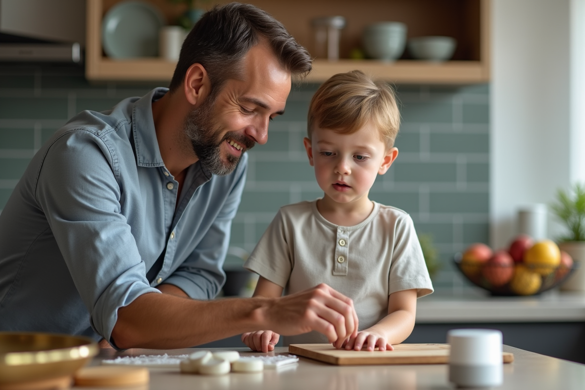 Père et fils en cuisine avec assistant vocal en action