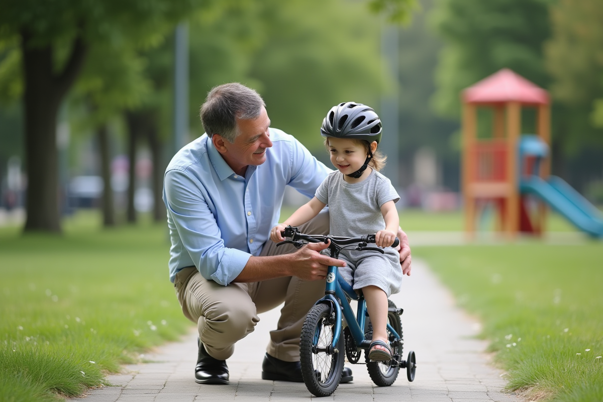 Père aidant sa fille à mettre son casque dans un parc urbain