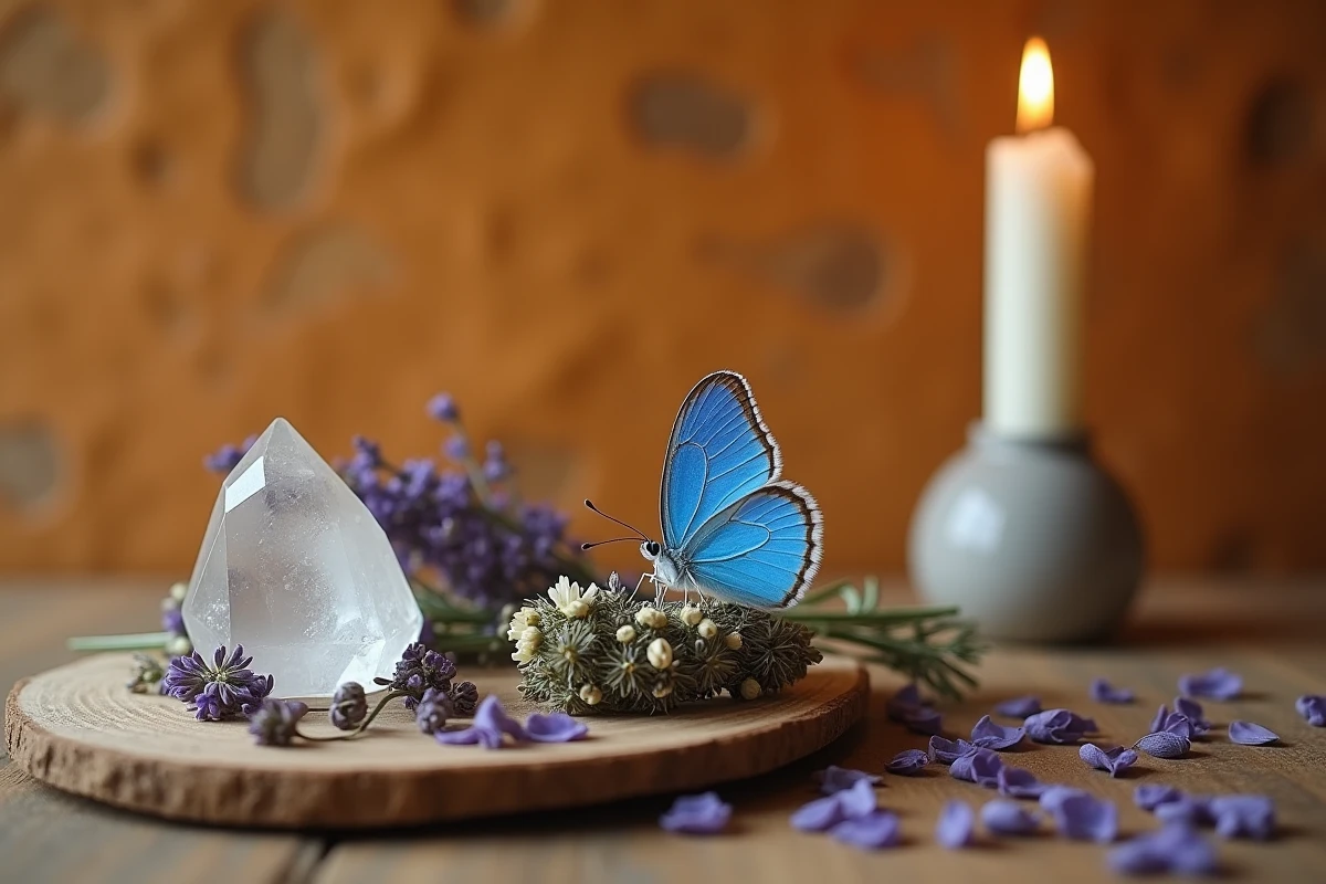 Papillon bleu posé sur un autel de purification avec sauge séchée, cristal et bougie, évoquant la symbolique spirituelle et énergétique dans l'espace intérieur