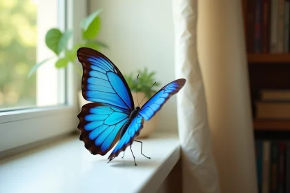 Papillon bleu morpho posé sur le rebord d'une fenêtre intérieure, ailes déployées révélant des reflets irisés, symbolisant énergie positive et présages dans la maison