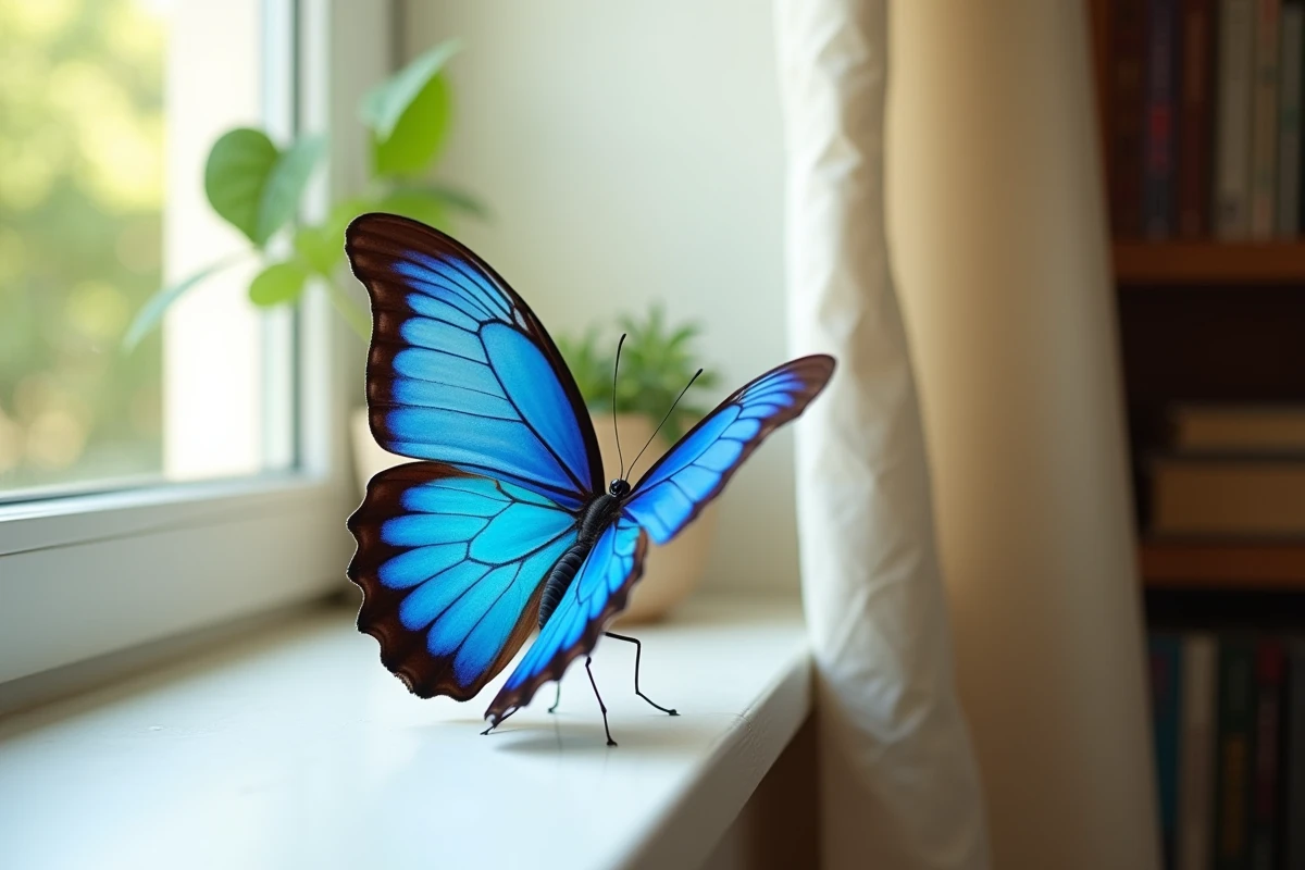 Papillon bleu morpho posé sur le rebord d'une fenêtre intérieure, ailes déployées révélant des reflets irisés, symbolisant énergie positive et présages dans la maison