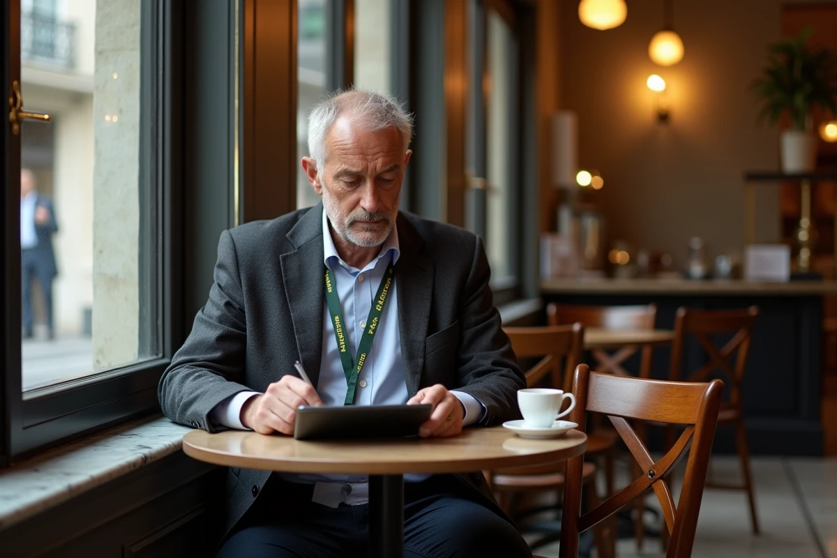 Participant au Congrès UINL Paris prenant une pause dans une brasserie parisienne typique entre deux sessions de conférence