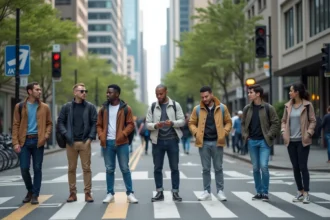 Groupe de passants urbains au croisement en ville