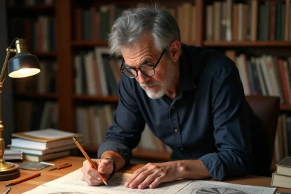 Passionné d'Escher analysant des reproductions de lithographies géométriques dans un bureau chaleureux rempli de livres d'art