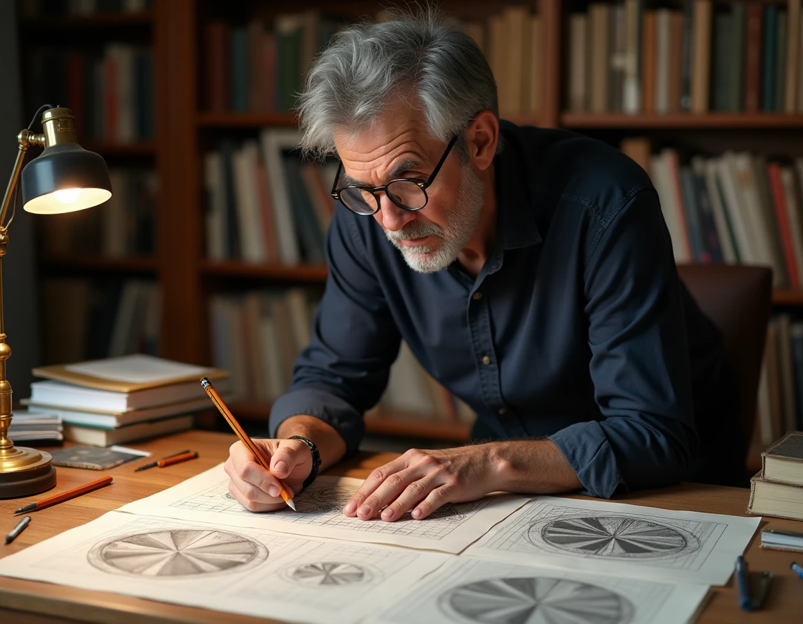 Passionné d'Escher analysant des reproductions de lithographies géométriques dans un bureau chaleureux rempli de livres d'art