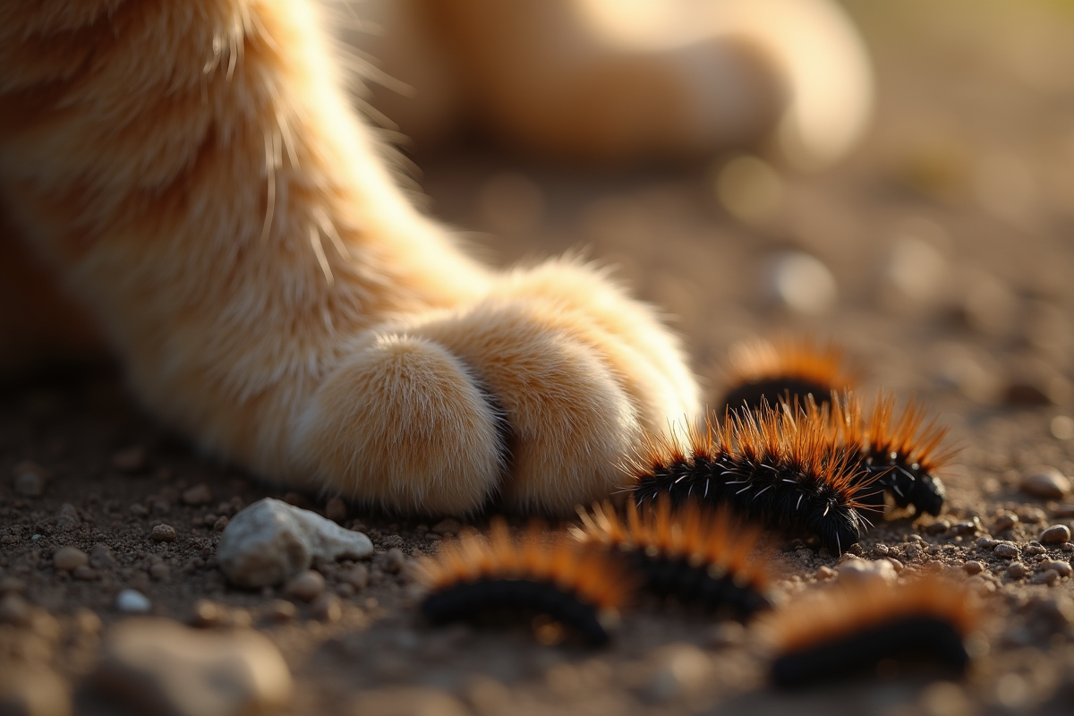 Patte de chat proche de chenilles processionnaires sur sol texturé