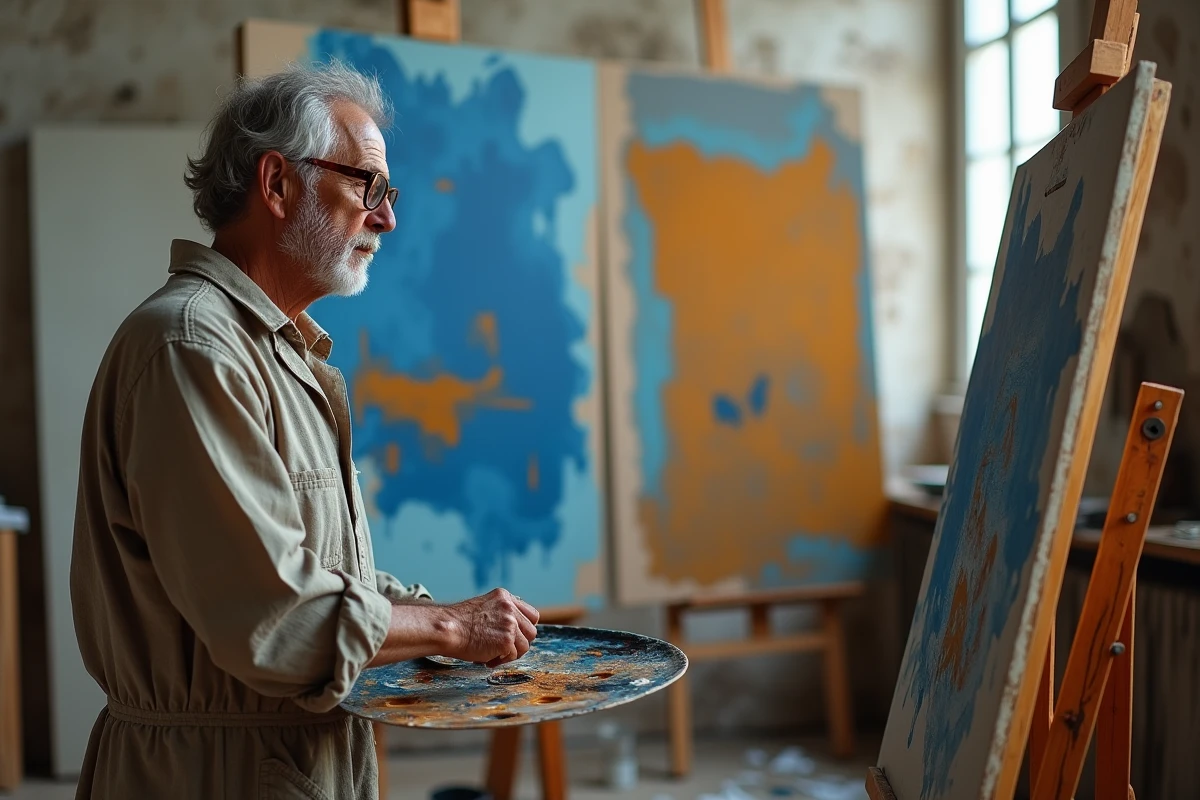 Peintre français du 20ème siècle dans son atelier parisien devant une toile abstraite aux couleurs vives