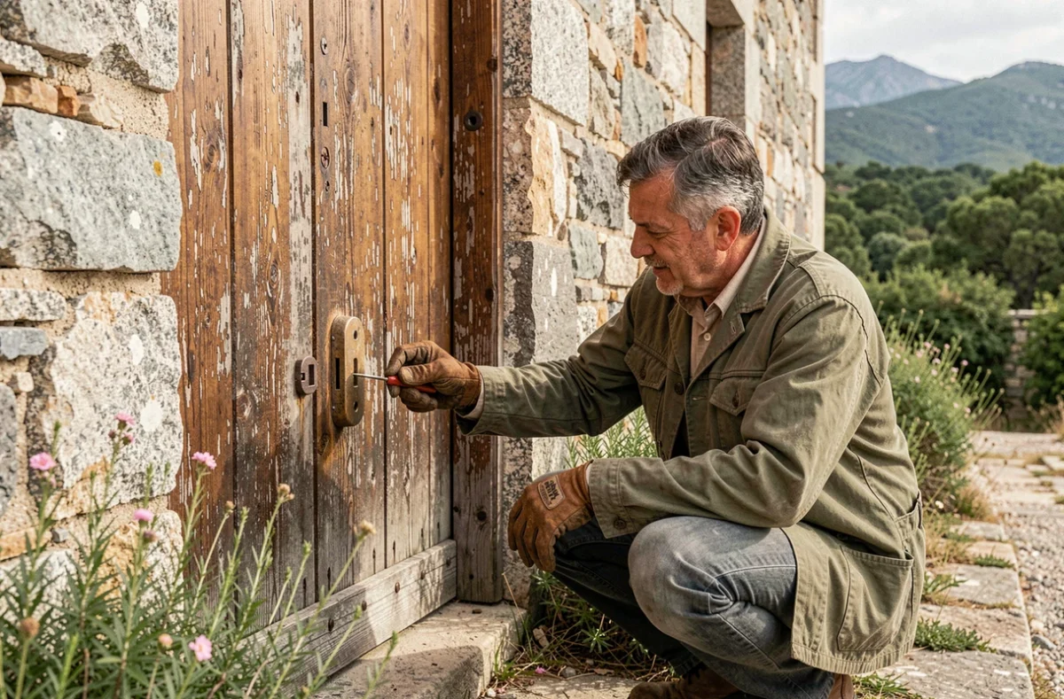 Technicien de Perolari Plomberie Dépannage réparant une vieille serrure sur une ferme dans le nord de la Haute-Corse