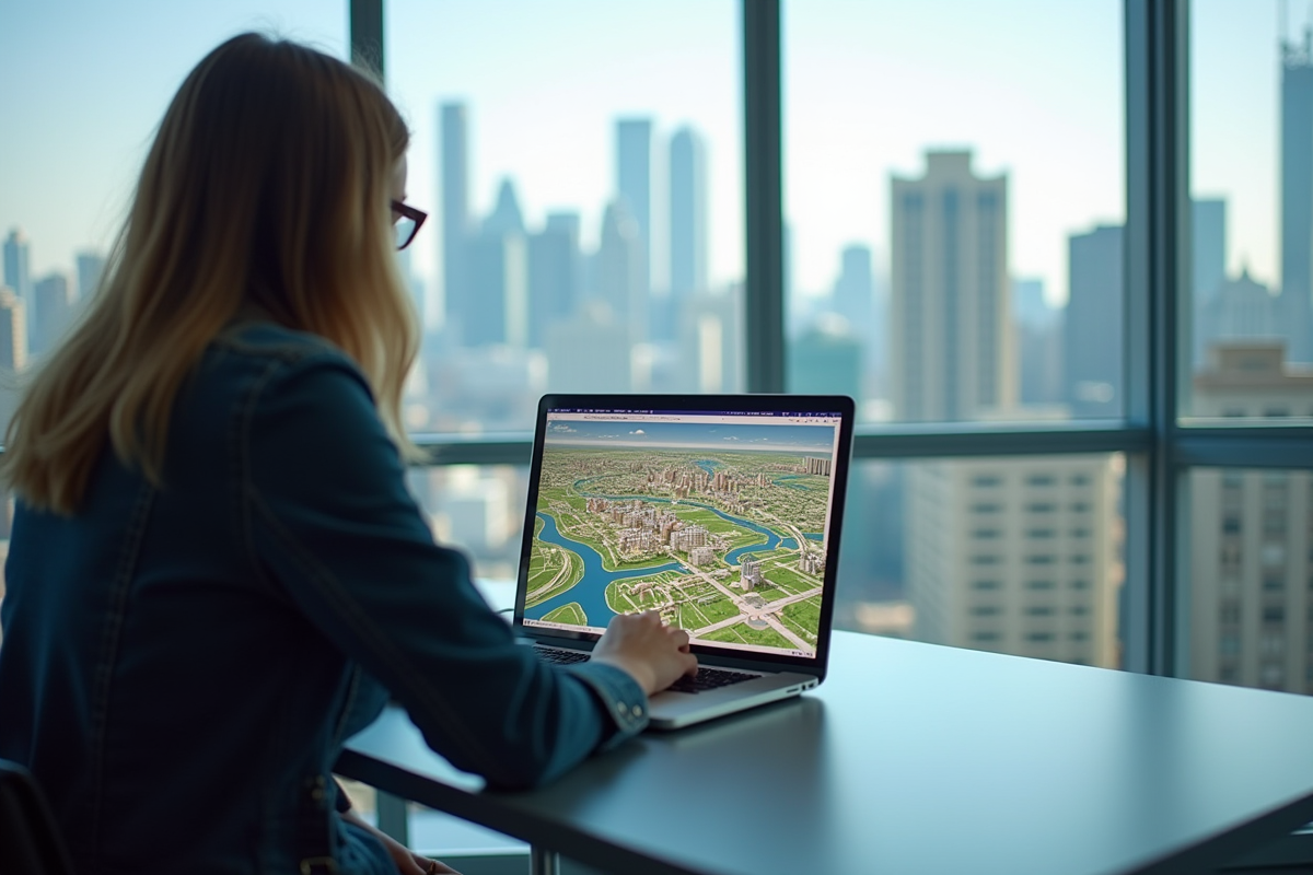 Personne utilisant un ordinateur pour explorer une carte urbaine numérique