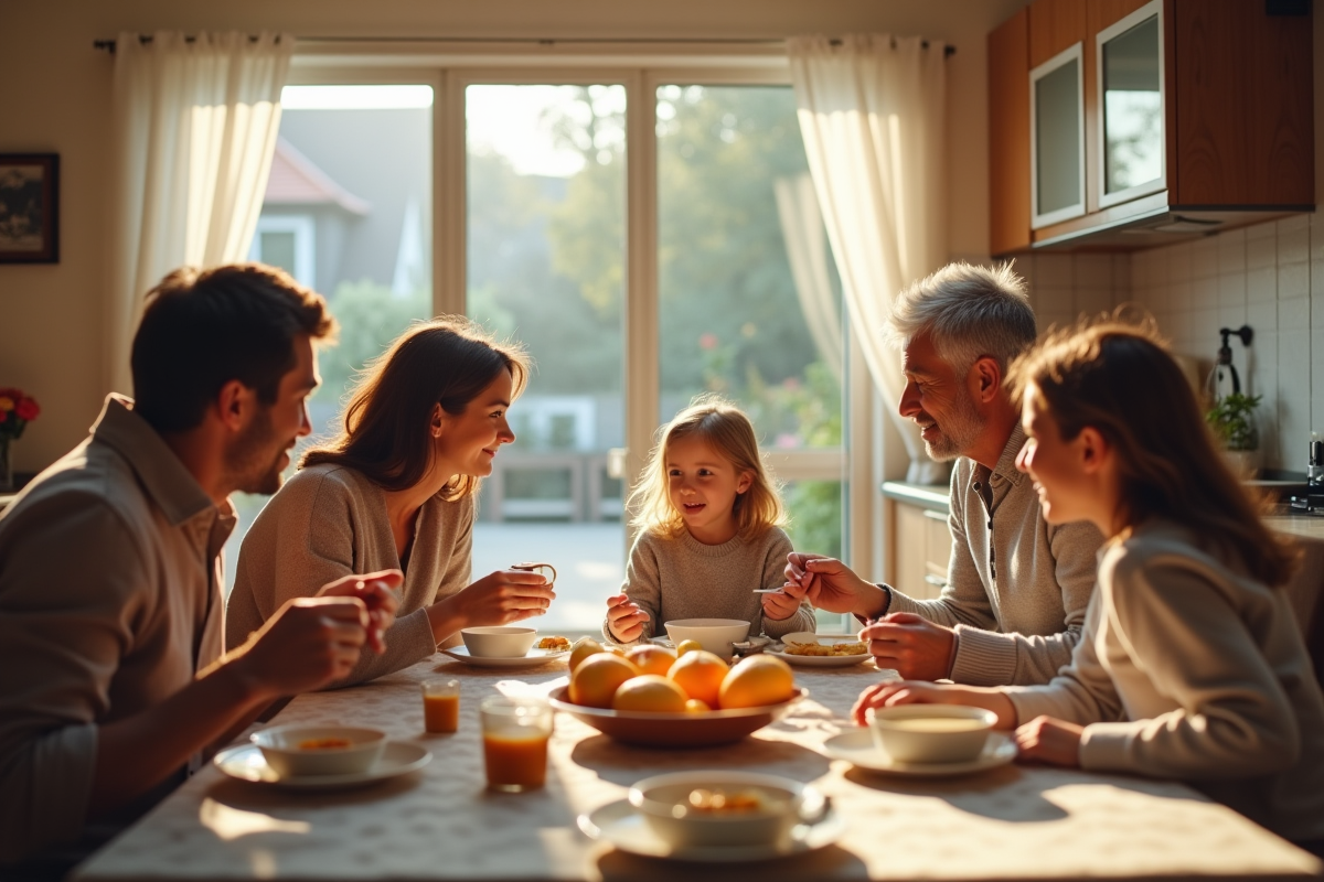 Famille multigenerational partageant le petit déjeuner à la maison