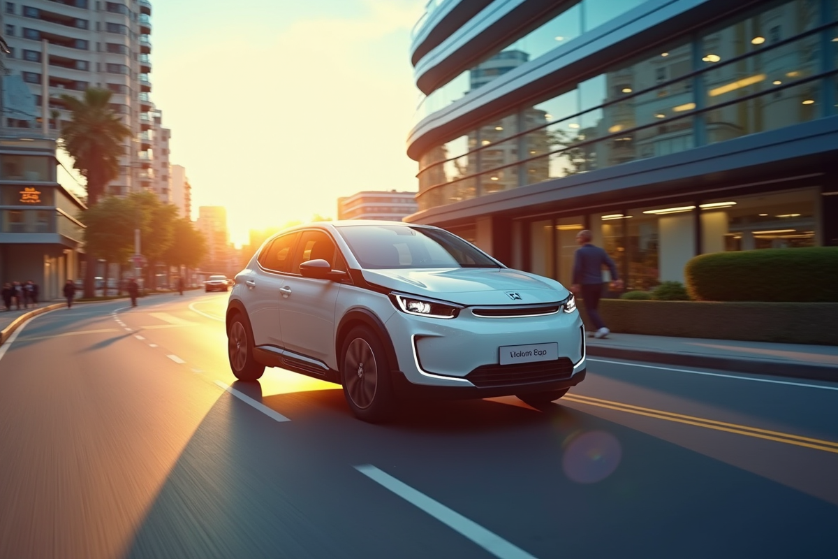 Voiture électrique Peugeot 208 en ville au lever du soleil