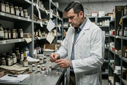 Pharmacien ARC Raider examinant des fioles médicales sur un établi métallique dans une pharmacie post-apocalyptique abandonnée