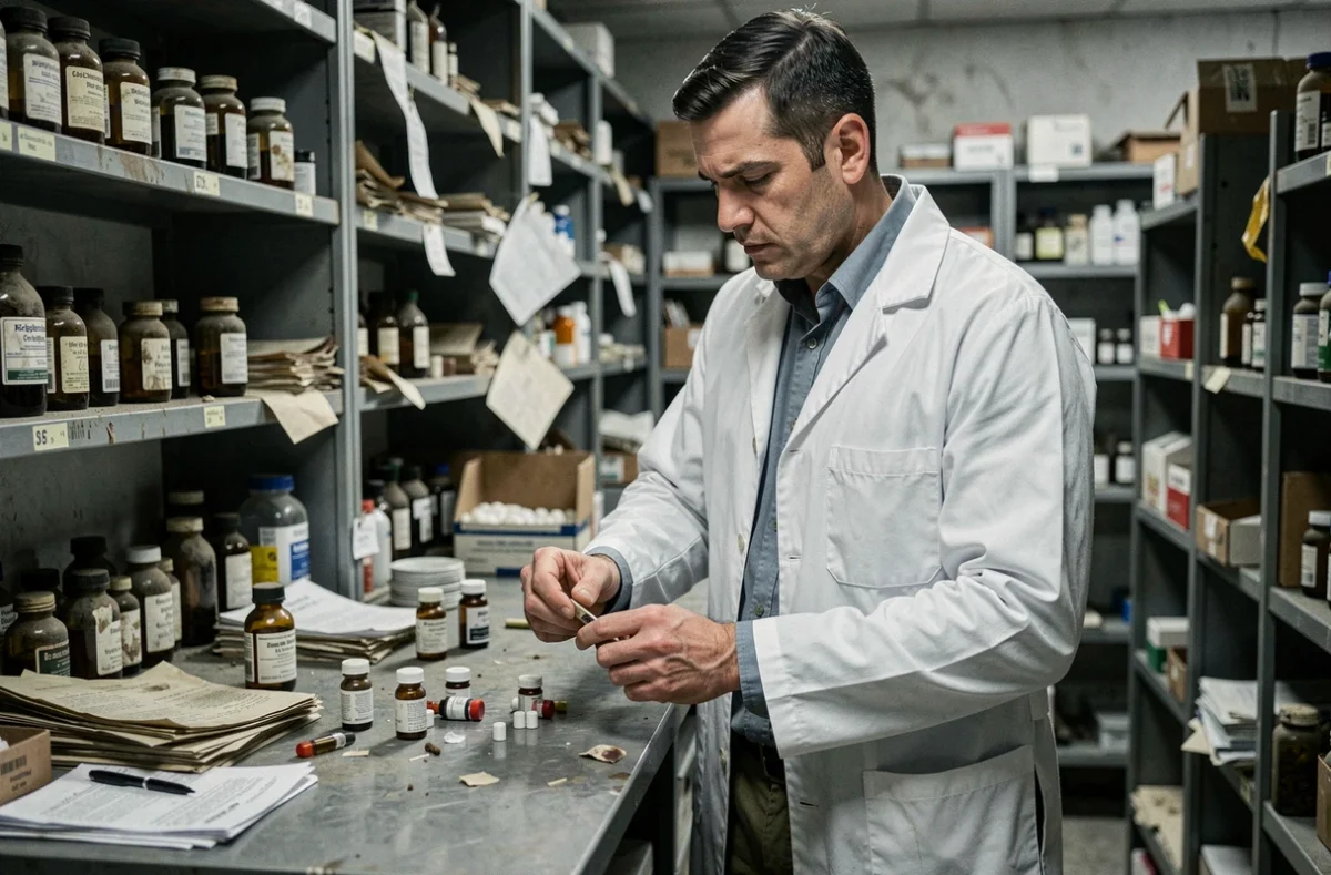 Pharmacien ARC Raider examinant des fioles médicales sur un établi métallique dans une pharmacie post-apocalyptique abandonnée