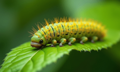 Gros plan d'une chenille sphinx sur une feuille verte
