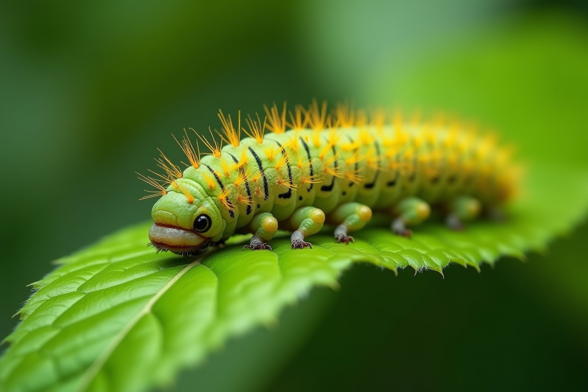 Gros plan d'une chenille sphinx sur une feuille verte