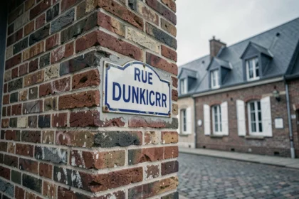 Plaque de rue en émail bleu et blanc sur une façade en briques rouges d'un immeuble typique de Dunkerque, Nord