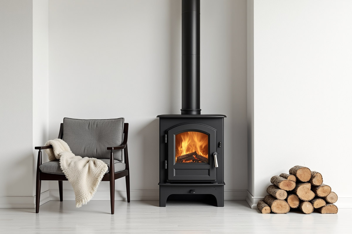 Poele à bois en fonte noire dans une pièce lumineuse