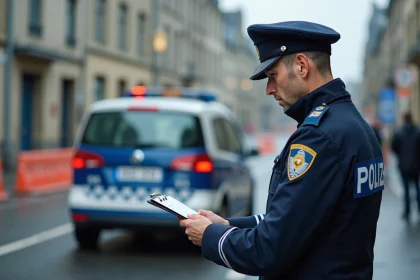 Policier français examinant des documents sur les lieux d'un accident à Lorient sous un ciel couvert